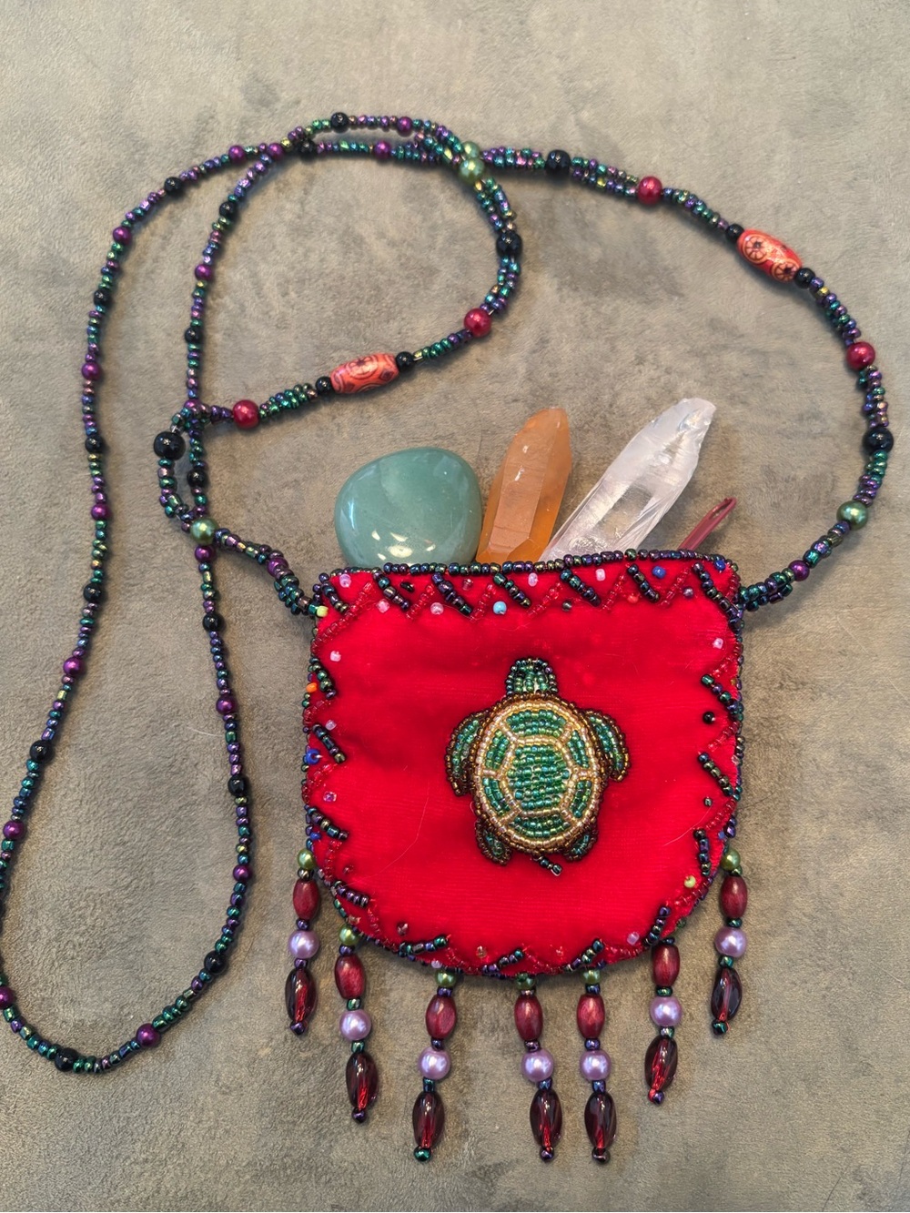 Vintage Hand Beaded Vibrant Red Velvet Mini Crossover Amulet Bag/Coin Pouch!